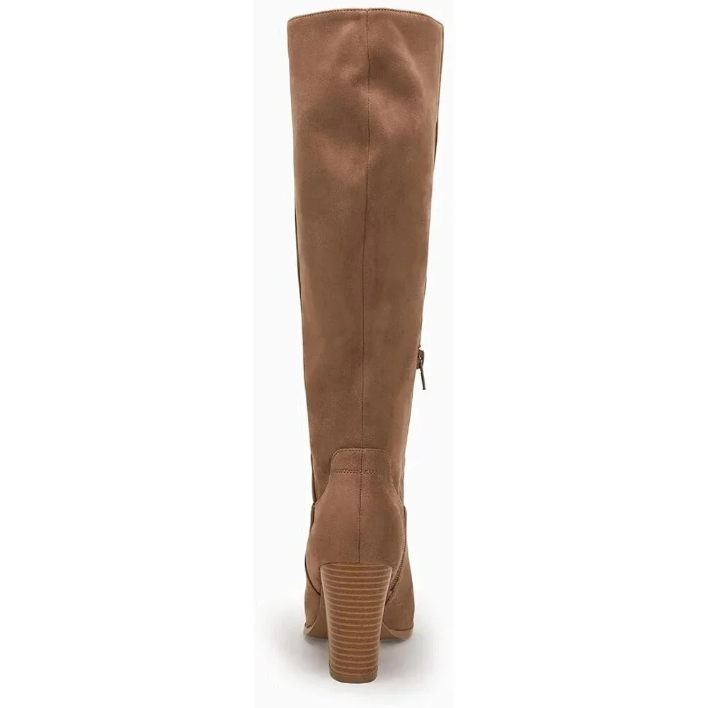 Women Faux Sueder Brown Knee High Chunky Heel Side Zipper Stretch Winter Boot